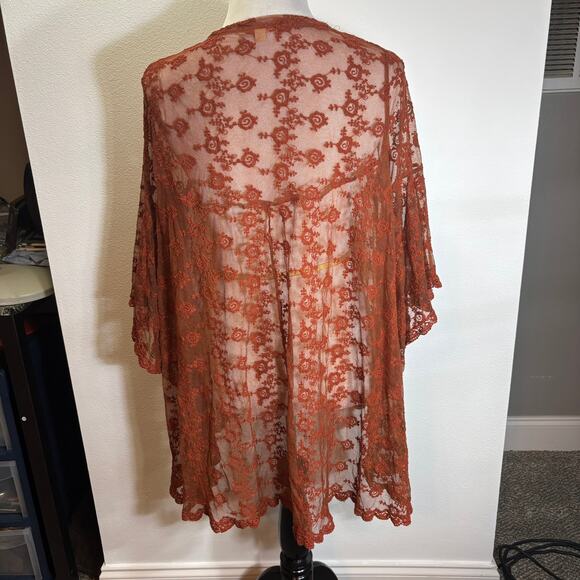 Magnolia Lane Lace Kimono Duster Women’s Medium Rust Orange Boho Chic Sheer Top - Picture 2 of 6